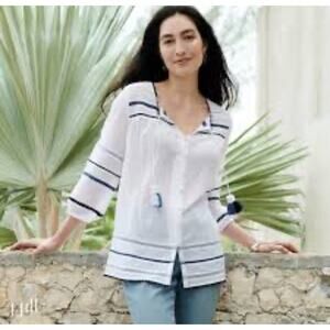 J Jill Semi Sheer Cotton Peasant Blouse Top SZ M‎ Blue Trim Tassels Beach Boho